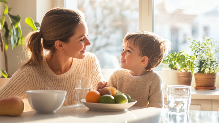 A mother and young child seated at a kitchen table with a fruit bowl in front of them