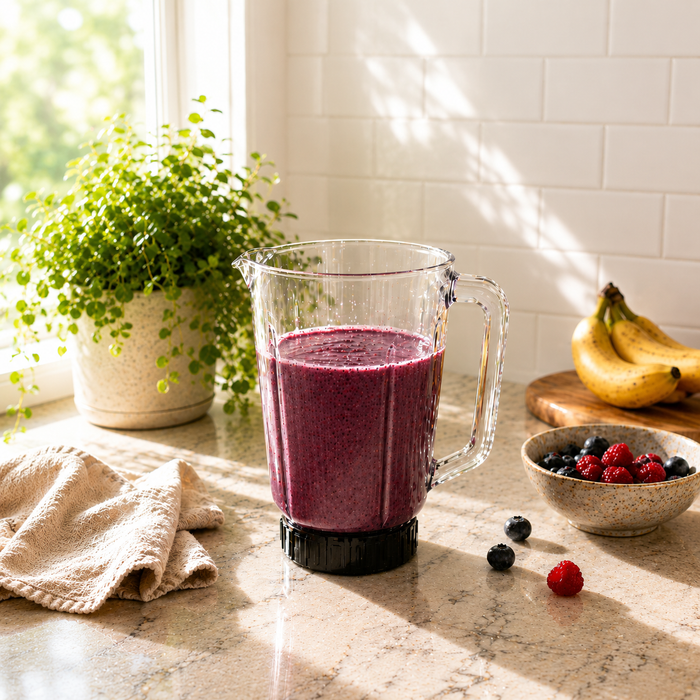 Berry smoothie in a blender with berries on a kitchen counter
