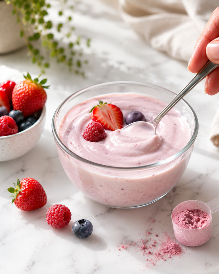 Berry yogurt bowl with fruit and a scoop of powder