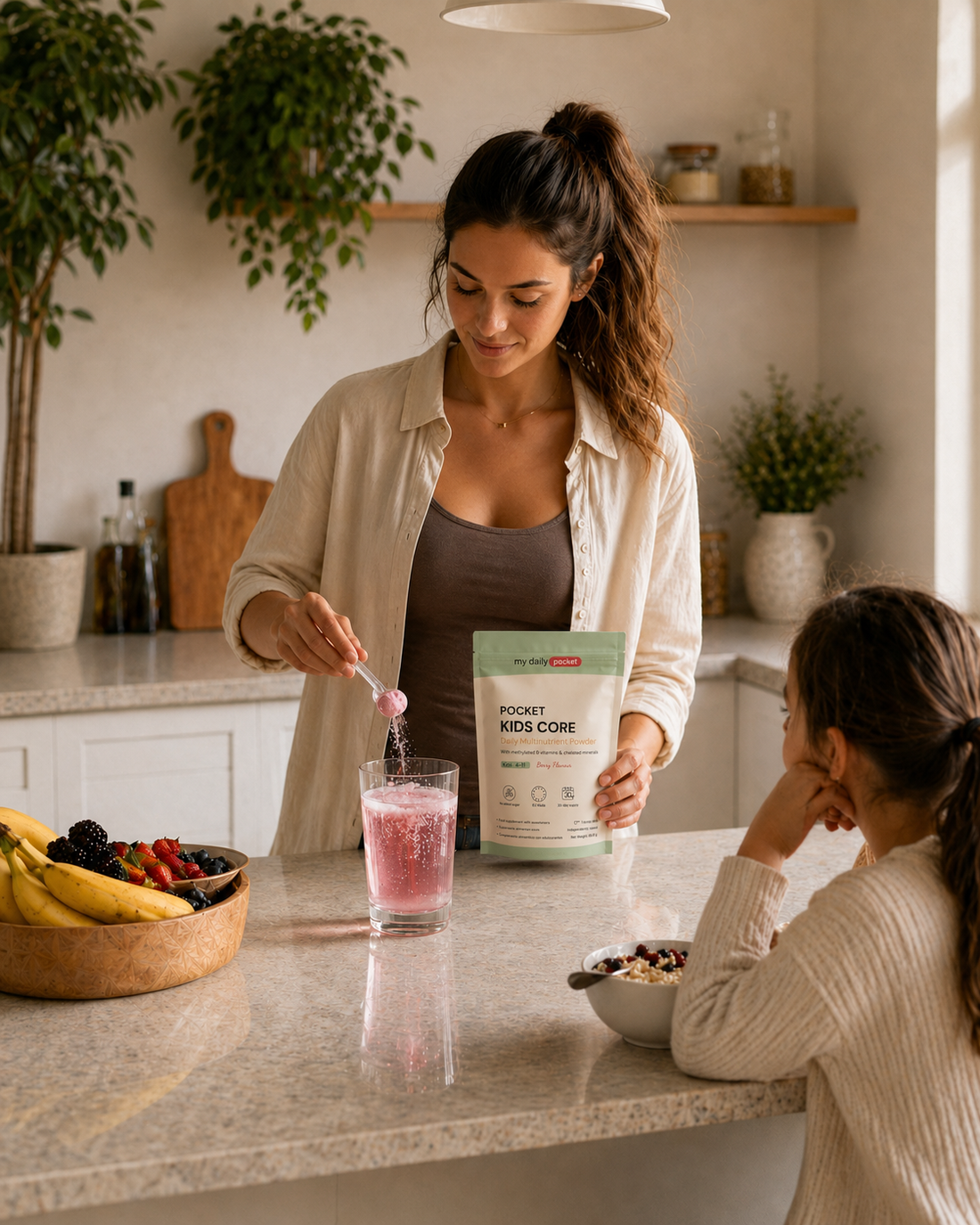 Parent mixing POCKET KIDS CORE into a drink for a child in the kitchen