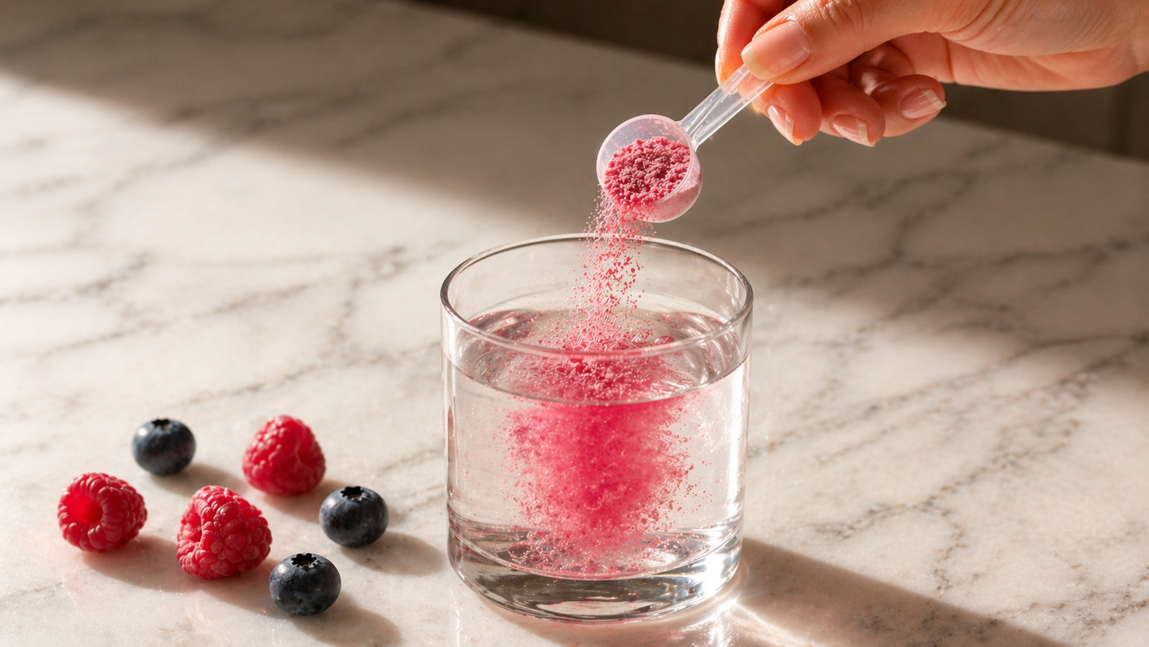MyDailyPocket berry powder mixed into a morning drink